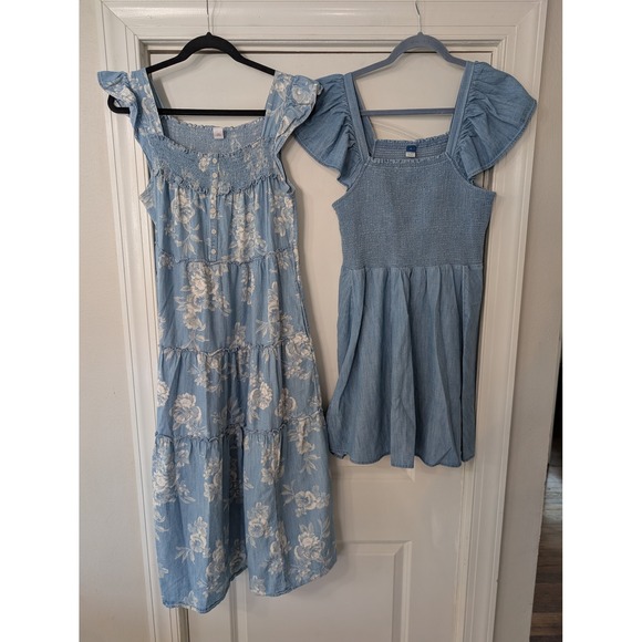 Old Navy Dresses & Skirts - Old Navy Womens Chambray‎ Dress Bundle Floral Midi & Solid Smocked mini lot of 2
